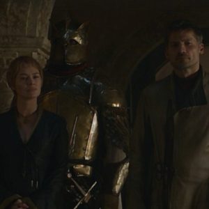 Cersei, Jaime, and the Mountain crash the Small Council meeting.