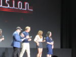 Paul Bettany, Elizabeth Olsen, and Kat Dennings at the D23 Expo 2019 Disney Plus panel